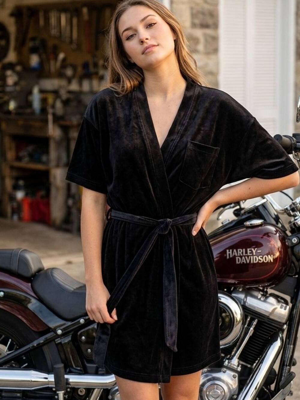 Harley-Davidson Black Velvet/ Velour Short Robe with Tie Belt